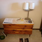 Dale made me the hope chest in his shop class.  The lamp is from my mom's house, but not memorable for me.  I think my mom made