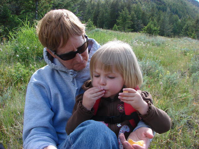 Grandma Linda and June have a little snack.