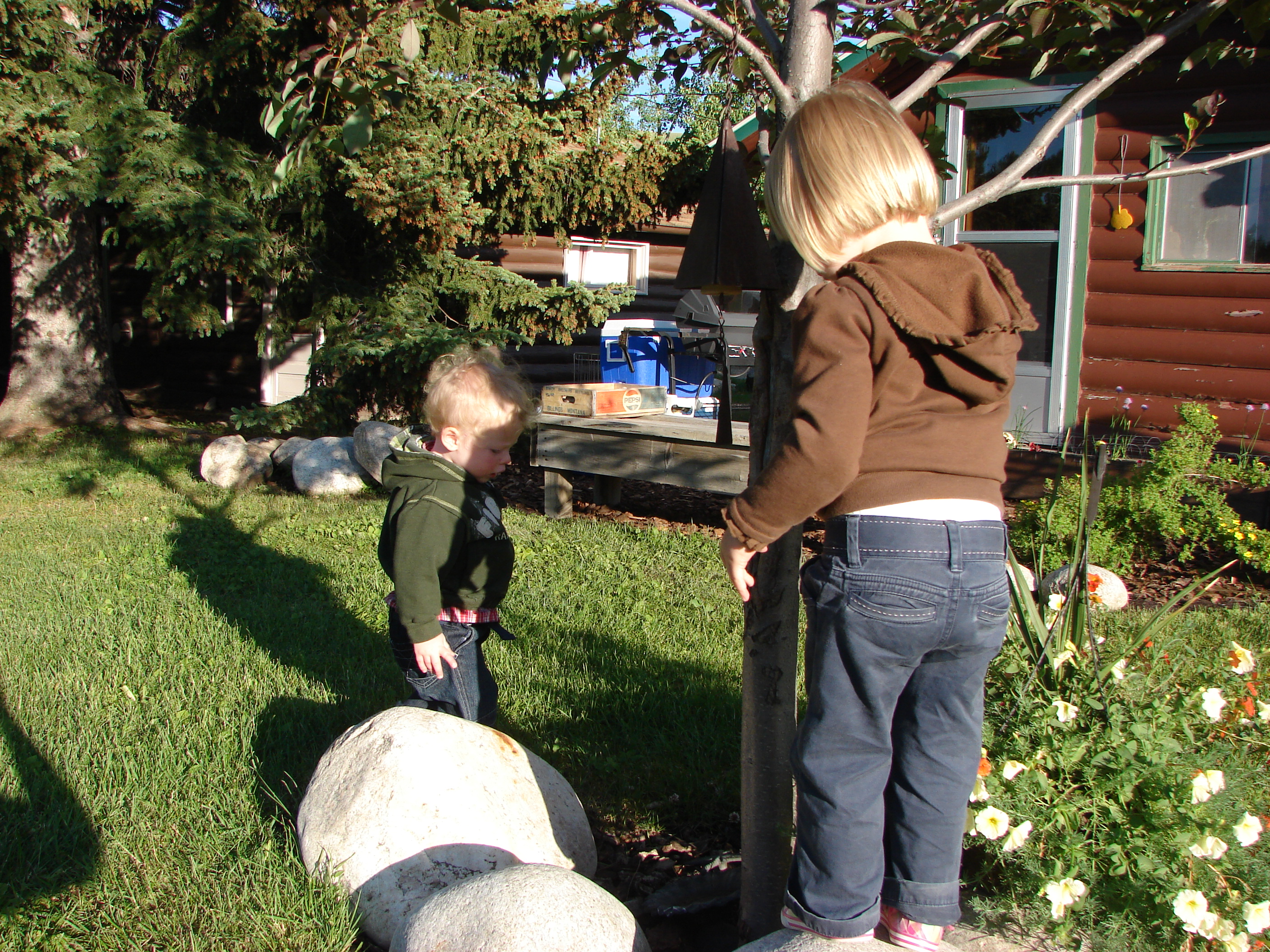 June and Matteo found places to rock climb at Grandma's house.