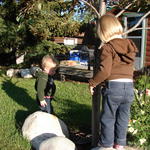 June and Matteo found places to rock climb at Grandma's house.