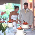 The bride and groom cut the cake.