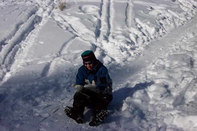 Jeremy can have fun anywhere with anything.  Here, he's abandoned his high-tech telemark gear in favor of a shovel.