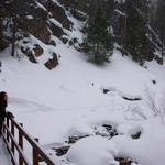 Mal pauses at the bridge to watch the snow fall and view the scenery.